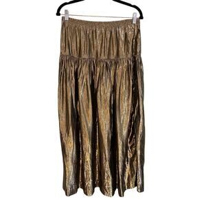 Year Of... Vintage Metallic Elastic Waist Pleated Midi Maxi Skirt Bronze Medium